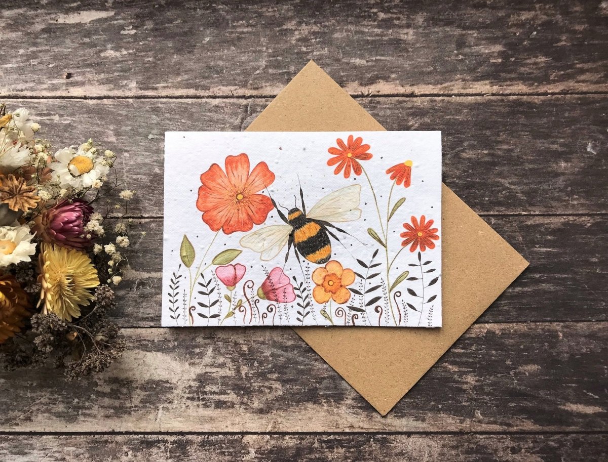 Plantable Seed Paper Birthday Card: Bee & Flower Design - Erika's Whimsical Art