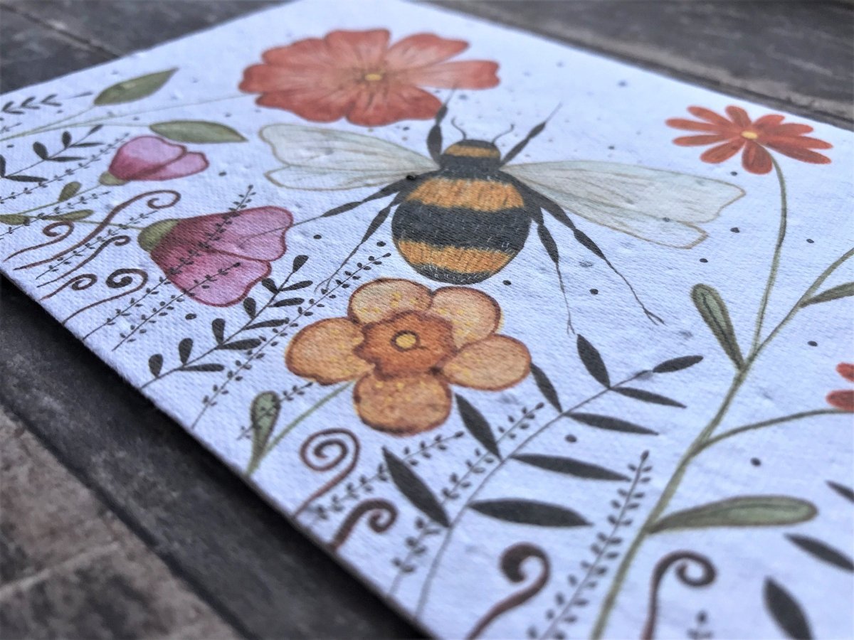 Plantable Seed Paper Birthday Card: Bee & Flower Design - Erika's Whimsical Art