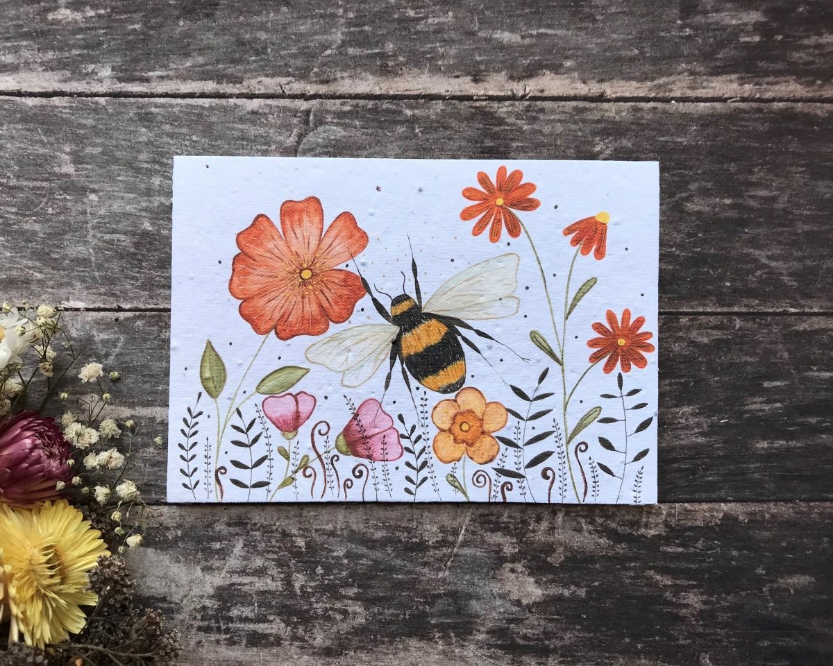 Plantable Seed Paper Birthday Card: Bee & Flower Design - Erika's Whimsical Art