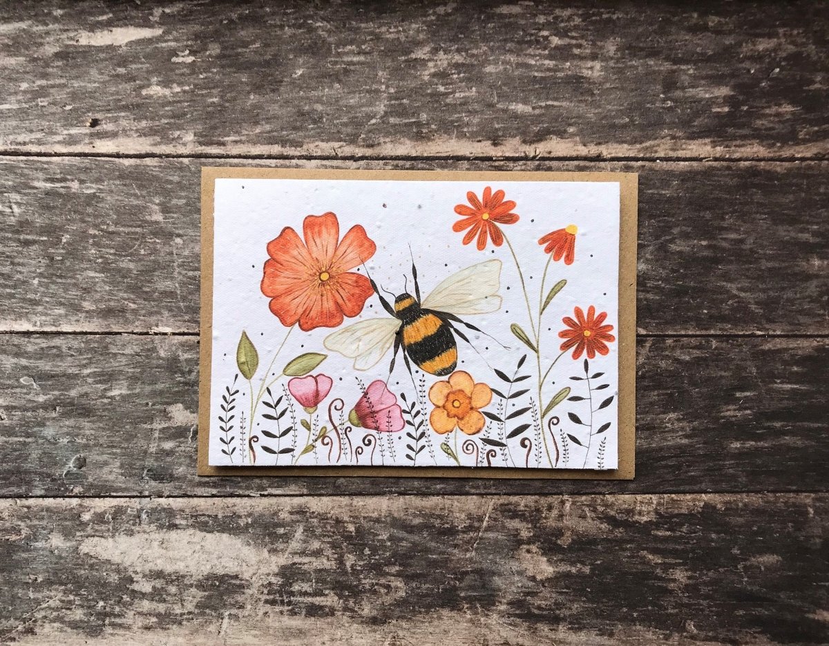 Plantable Seed Paper Birthday Card: Bee & Flower Design - Erika's Whimsical Art