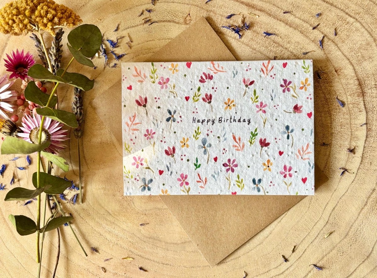 Plantable Seed Paper Birthday Card: Bee & Flower Design - Erika's Whimsical Art