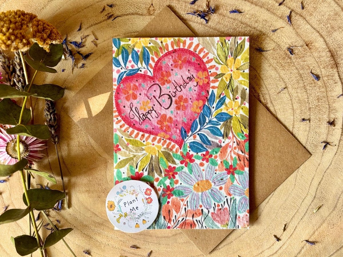 Plantable Seed Paper Birthday Card: Bee & Flower Design - Erika's Whimsical Art