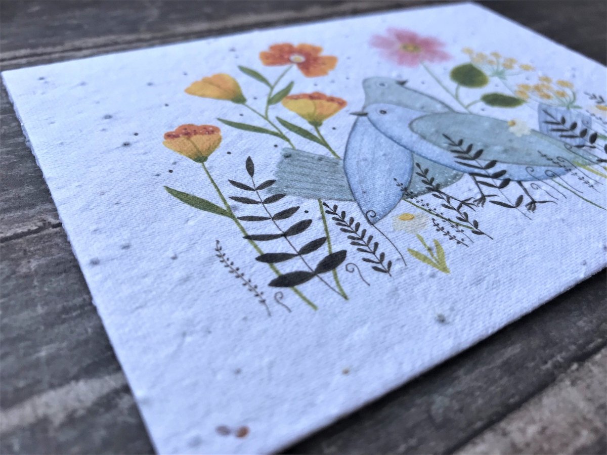 Plantable Seed Paper Birthday Card: Bird & Flower Illustration - Erika's Whimsical Art
