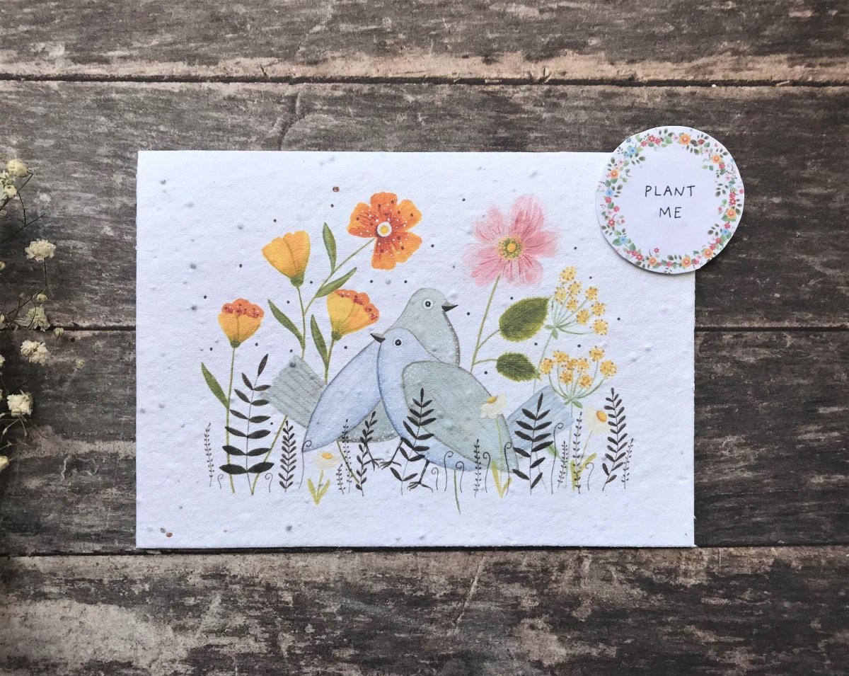 Plantable Seed Paper Birthday Card: Bird & Flower Illustration - Erika's Whimsical Art