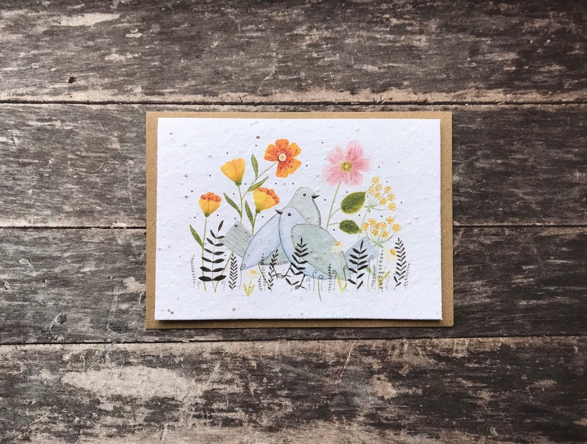 Plantable Seed Paper Birthday Card: Bird & Flower Illustration - Erika's Whimsical Art