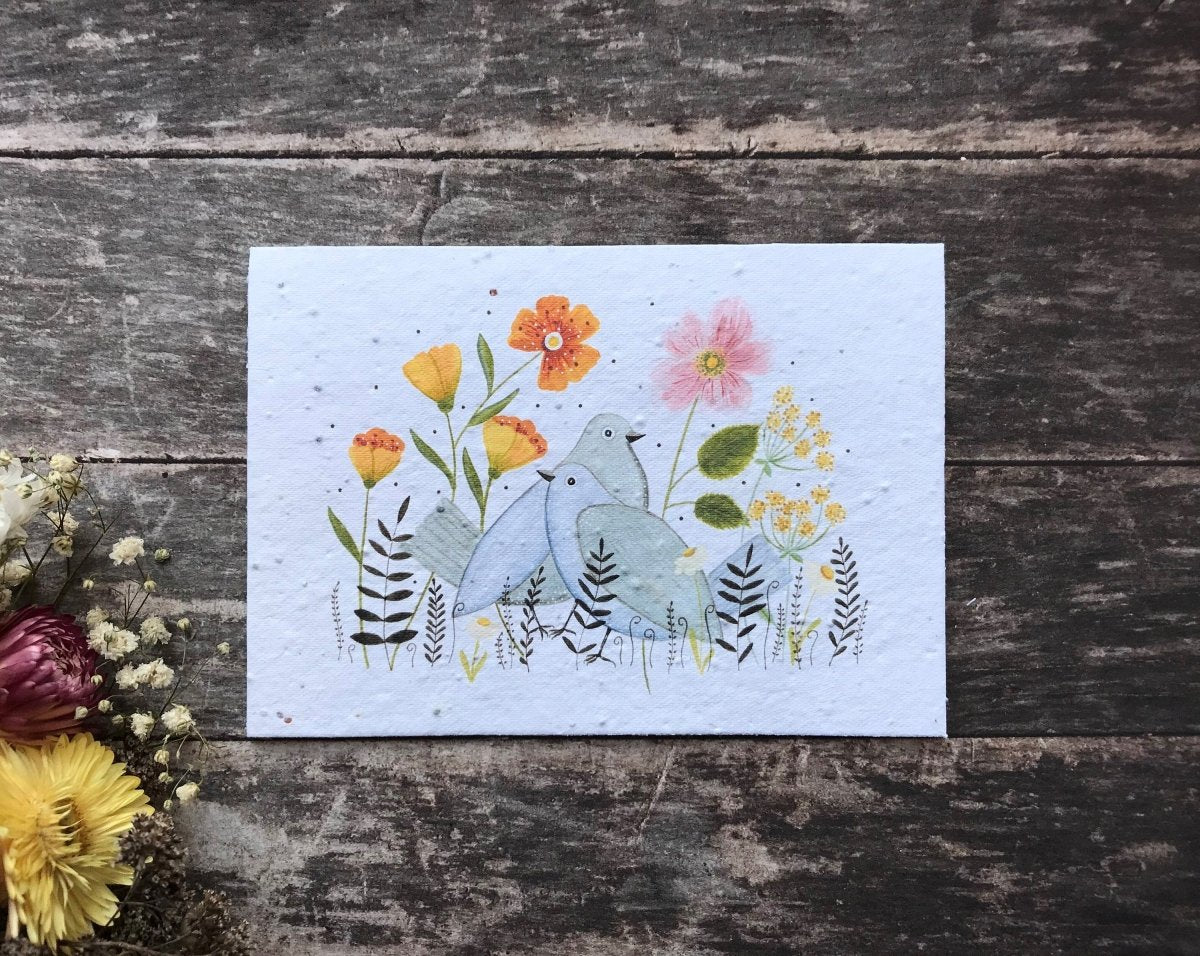 Plantable Seed Paper Birthday Card: Bird & Flower Illustration - Erika's Whimsical Art