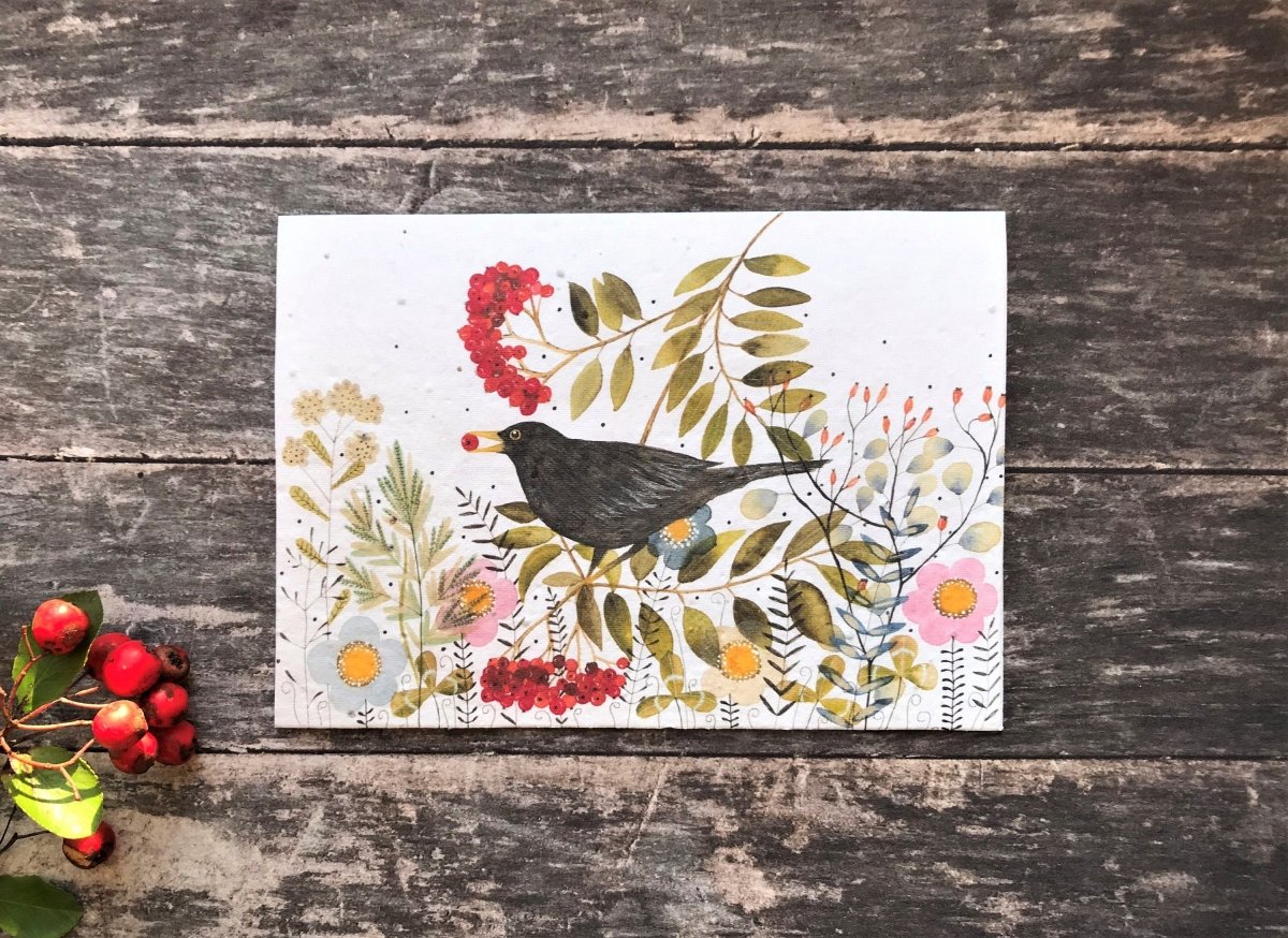 Plantable Seed Paper Birthday Card: Black Bird Flower Design - Erika's Whimsical Art