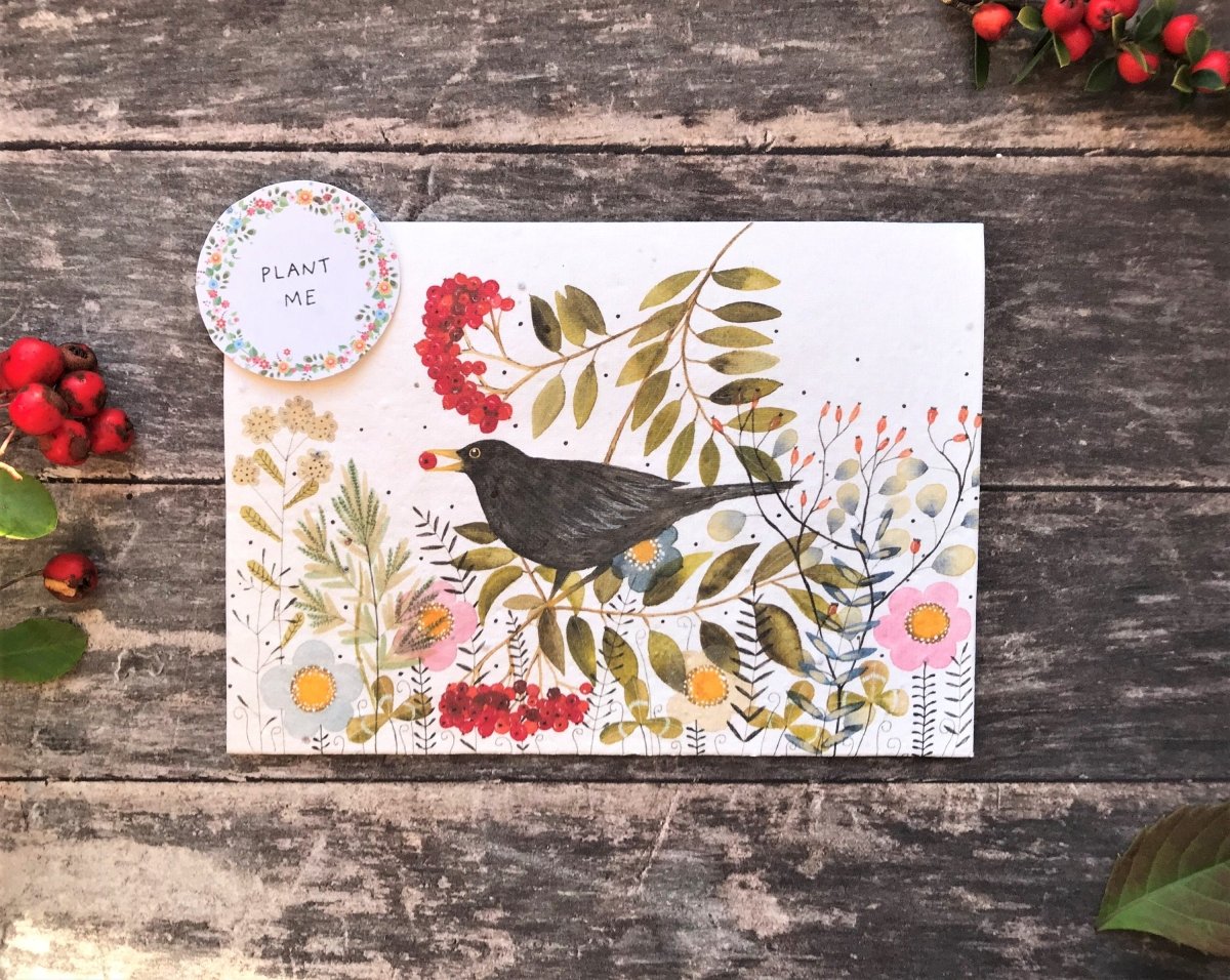Plantable Seed Paper Birthday Card: Black Bird Flower Design - Erika's Whimsical Art
