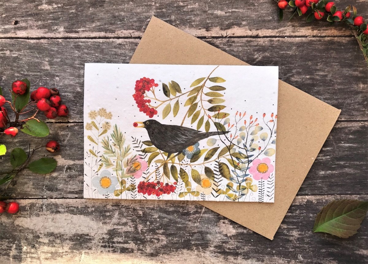 Plantable Seed Paper Birthday Card: Black Bird Flower Design - Erika's Whimsical Art