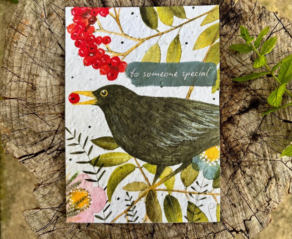 Plantable Seed Paper Birthday Card: Black Bird Flower Design - Erika's Whimsical Art