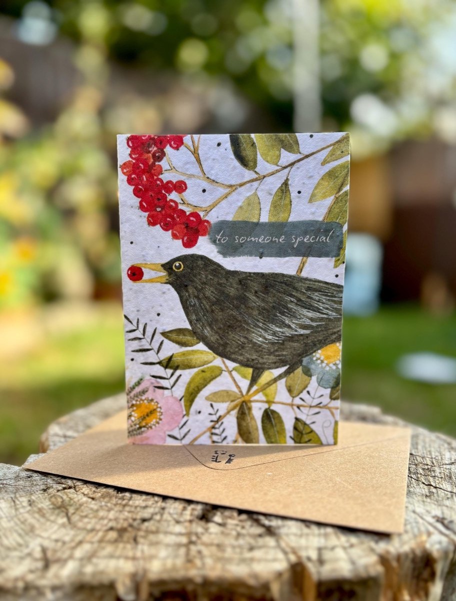 Plantable Seed Paper Birthday Card: Black Bird Flower Design - Erika's Whimsical Art