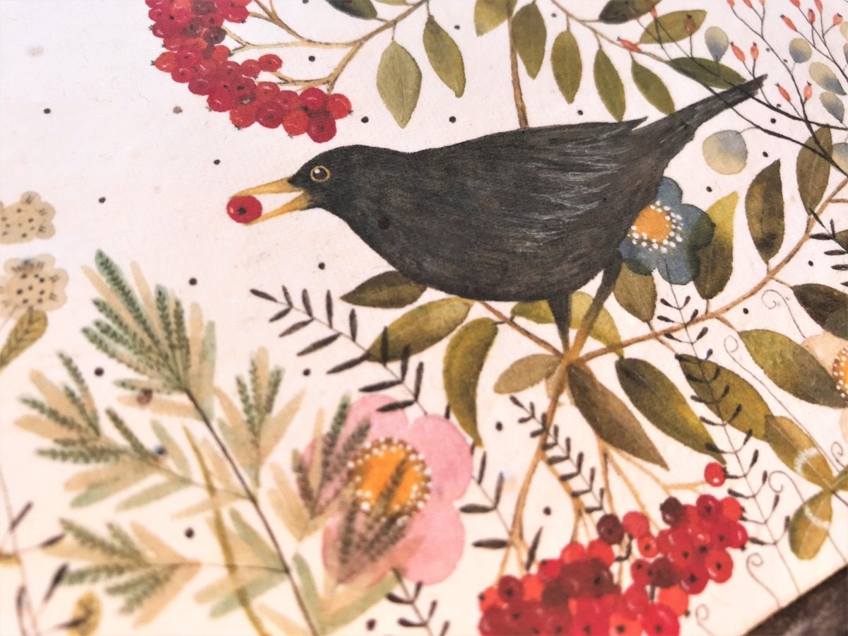 Plantable Seed Paper Birthday Card: Black Bird Flower Design - Erika's Whimsical Art