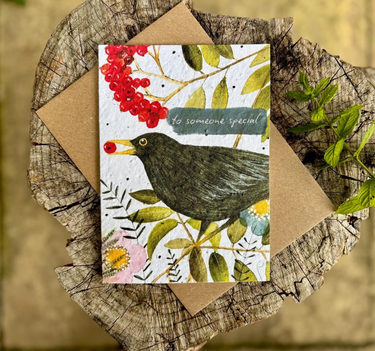 Plantable Seed Paper Birthday Card: Black Bird Flower Design - Erika's Whimsical Art