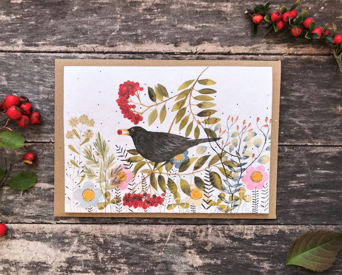 Plantable Seed Paper Birthday Card: Black Bird Flower Design - Erika's Whimsical Art