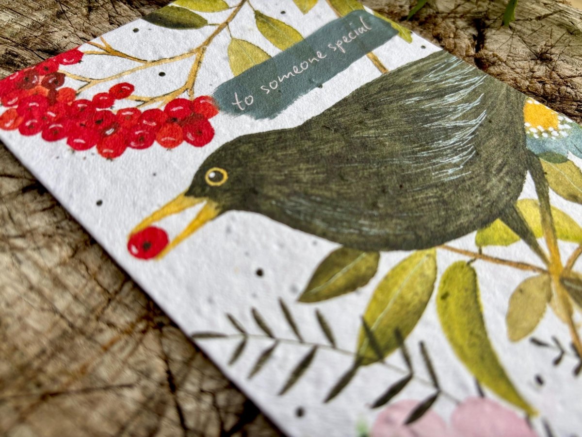 Plantable Seed Paper Birthday Card: Black Bird Flower Design - Erika's Whimsical Art