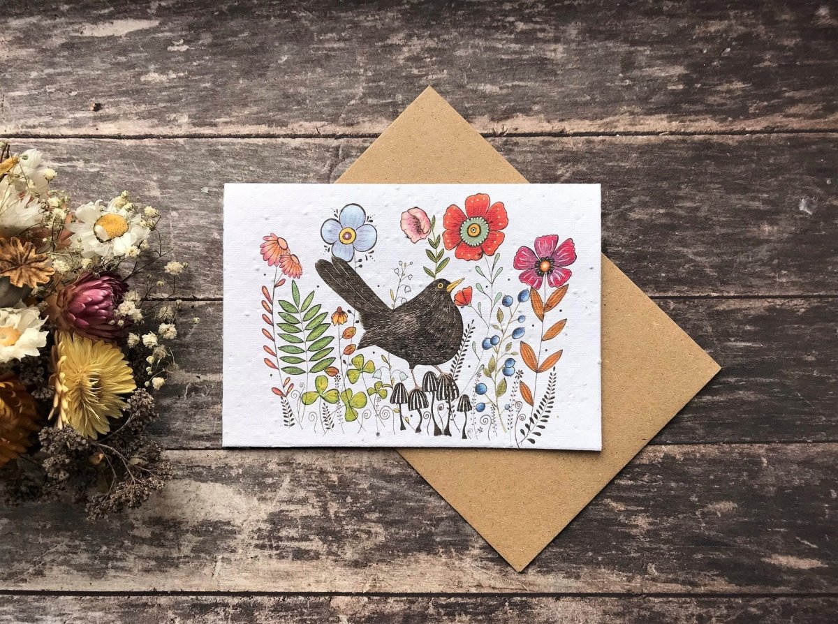 Plantable Seed Paper Birthday Card: Black Bird & Flowers - Erika's Whimsical Art