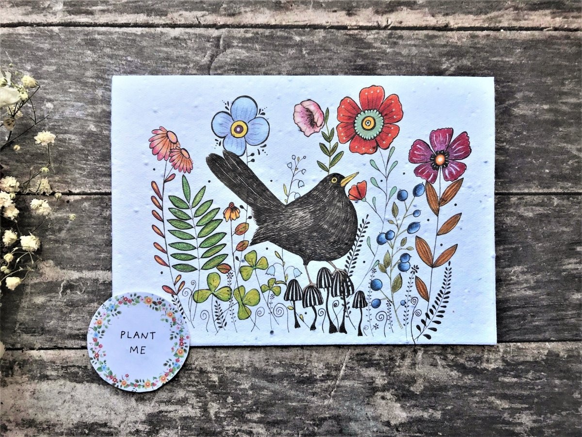 Plantable Seed Paper Birthday Card: Black Bird & Flowers - Erika's Whimsical Art