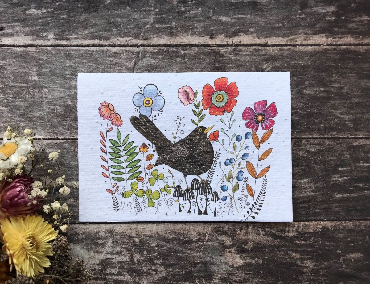 Plantable Seed Paper Birthday Card: Black Bird & Flowers - Erika's Whimsical Art