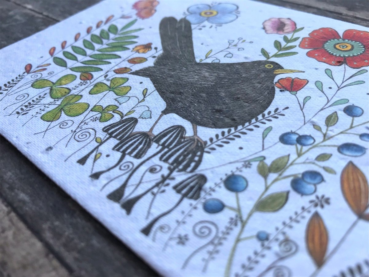 Plantable Seed Paper Birthday Card: Black Bird & Flowers - Erika's Whimsical Art