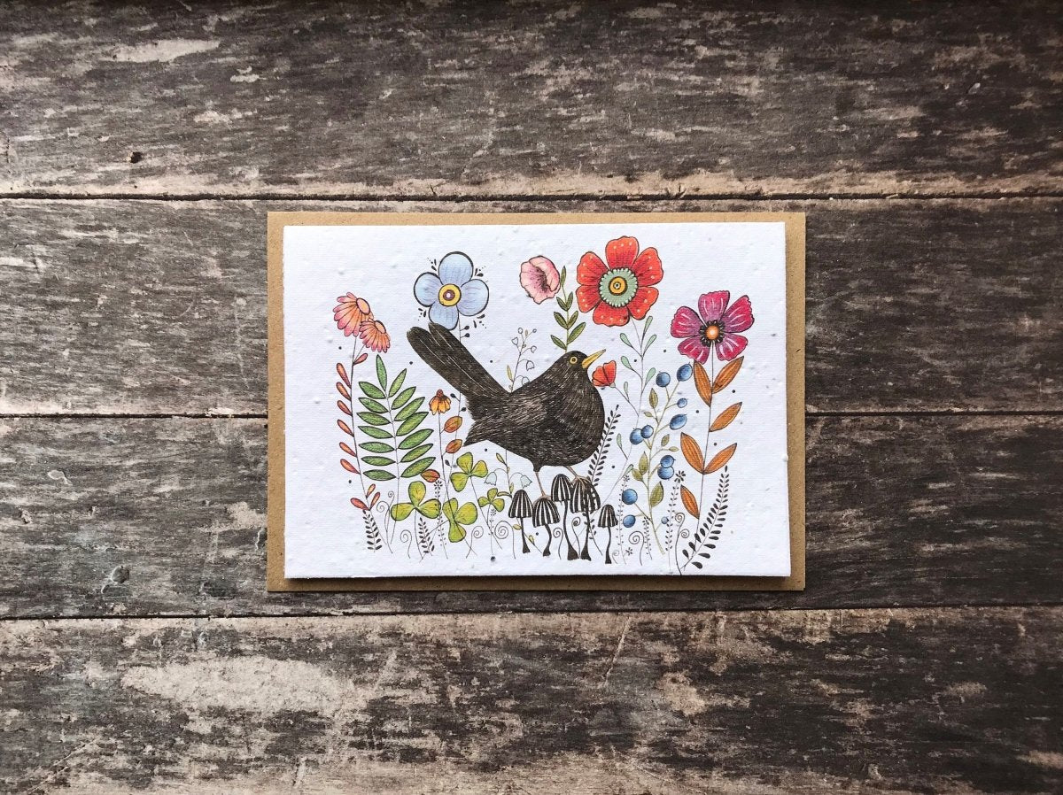 Plantable Seed Paper Birthday Card: Black Bird & Flowers - Erika's Whimsical Art