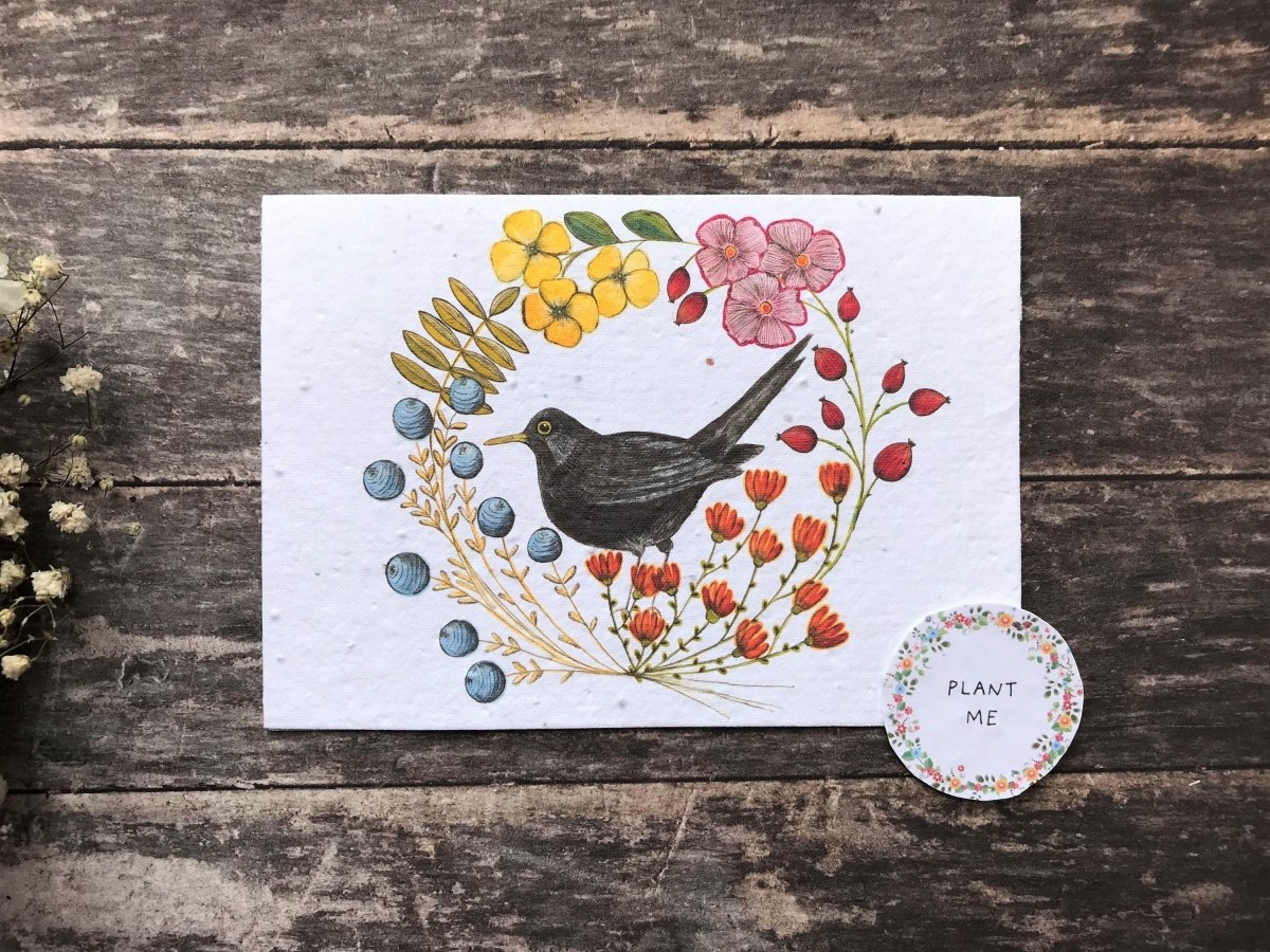 Plantable Seed Paper Birthday Card: Blackbird & Flowers - Erika's Whimsical Art