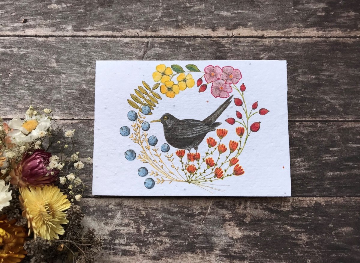 Plantable Seed Paper Birthday Card: Blackbird & Flowers - Erika's Whimsical Art