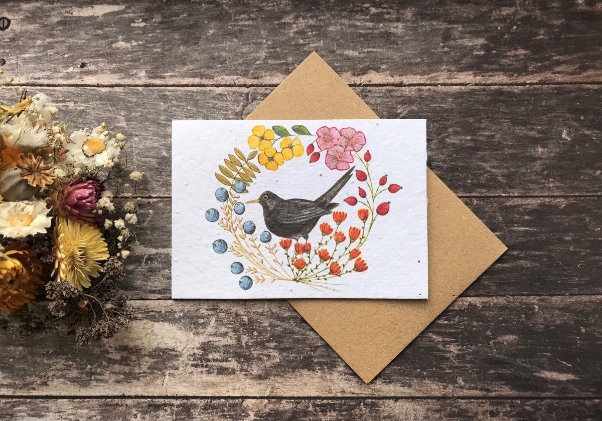 Plantable Seed Paper Birthday Card: Blackbird & Flowers - Erika's Whimsical Art
