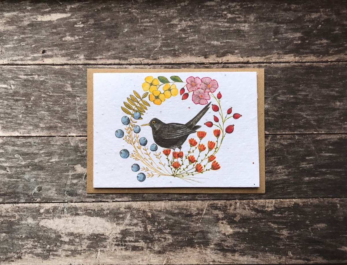Plantable Seed Paper Birthday Card: Blackbird & Flowers - Erika's Whimsical Art