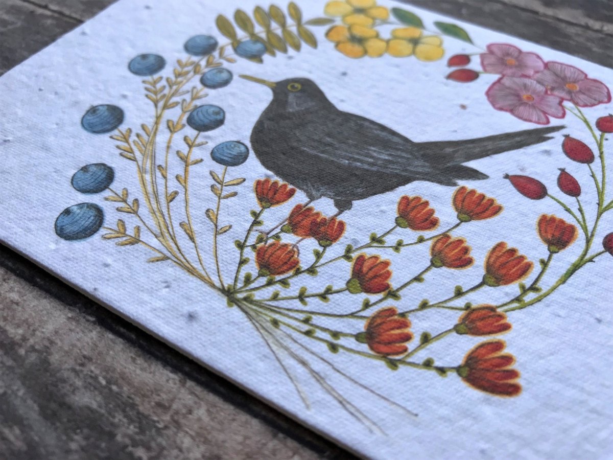 Plantable Seed Paper Birthday Card: Blackbird & Flowers - Erika's Whimsical Art