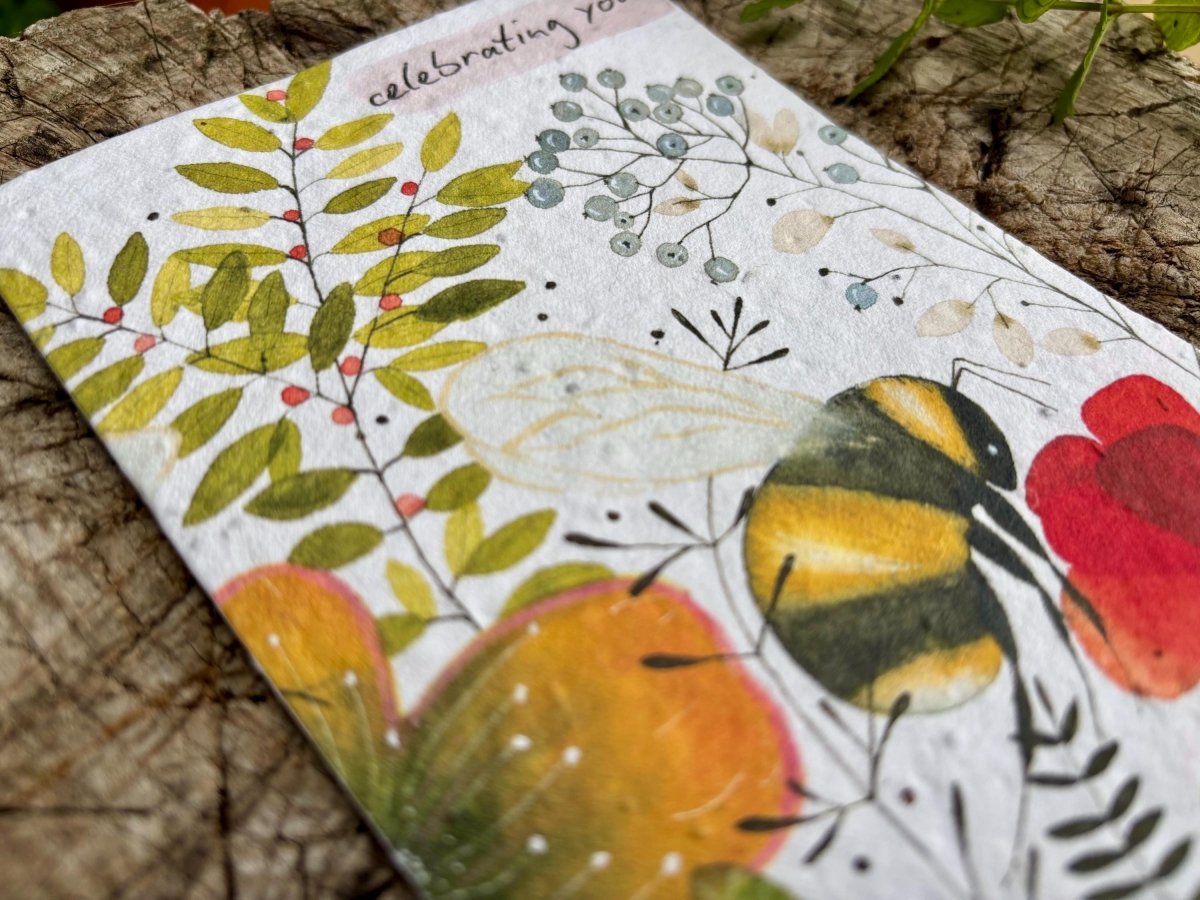 Plantable Seed Paper Birthday Card: Bumble Bee Flower Design - Erika's Whimsical Art