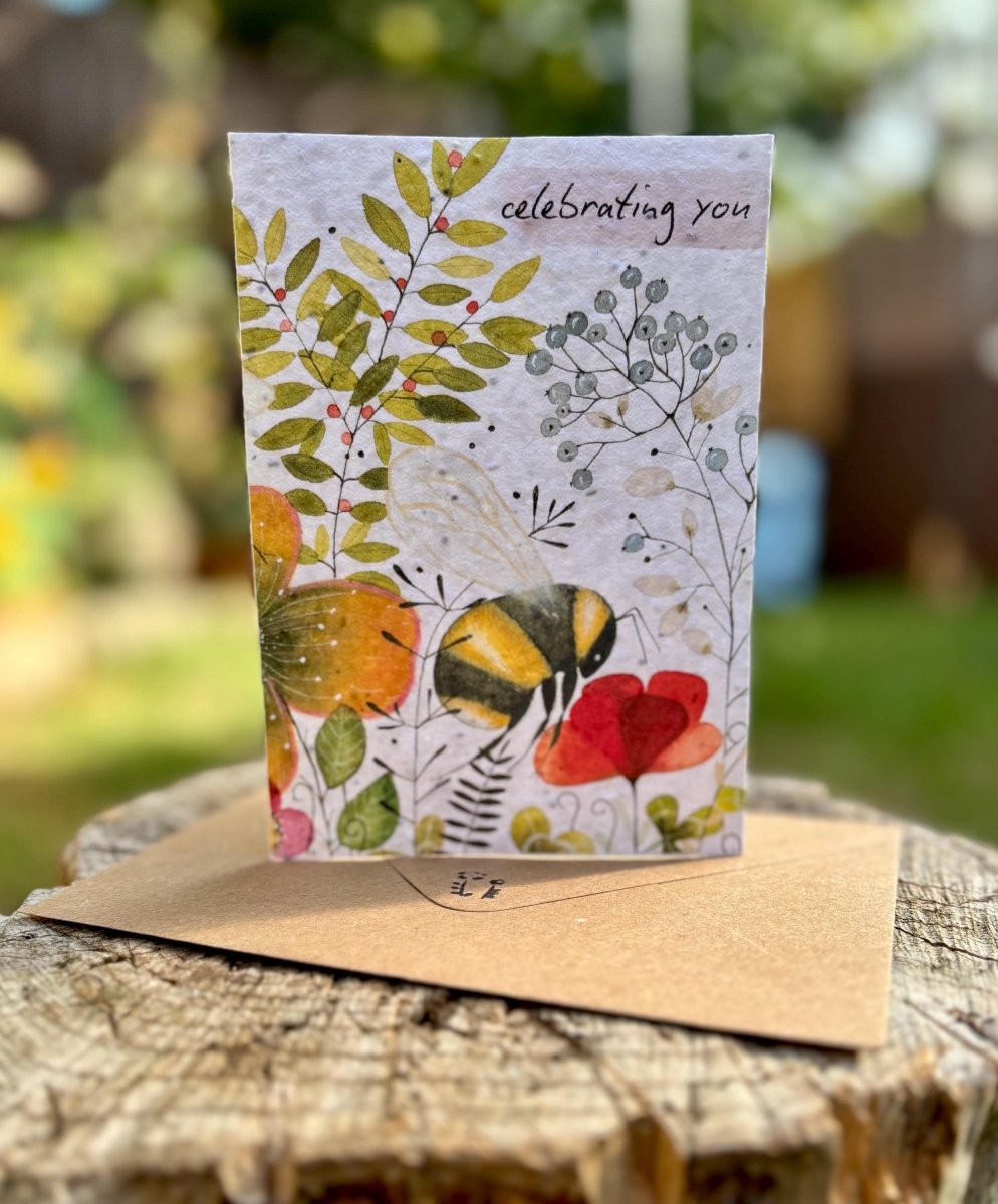 Plantable Seed Paper Birthday Card: Bumble Bee Flower Design - Erika's Whimsical Art