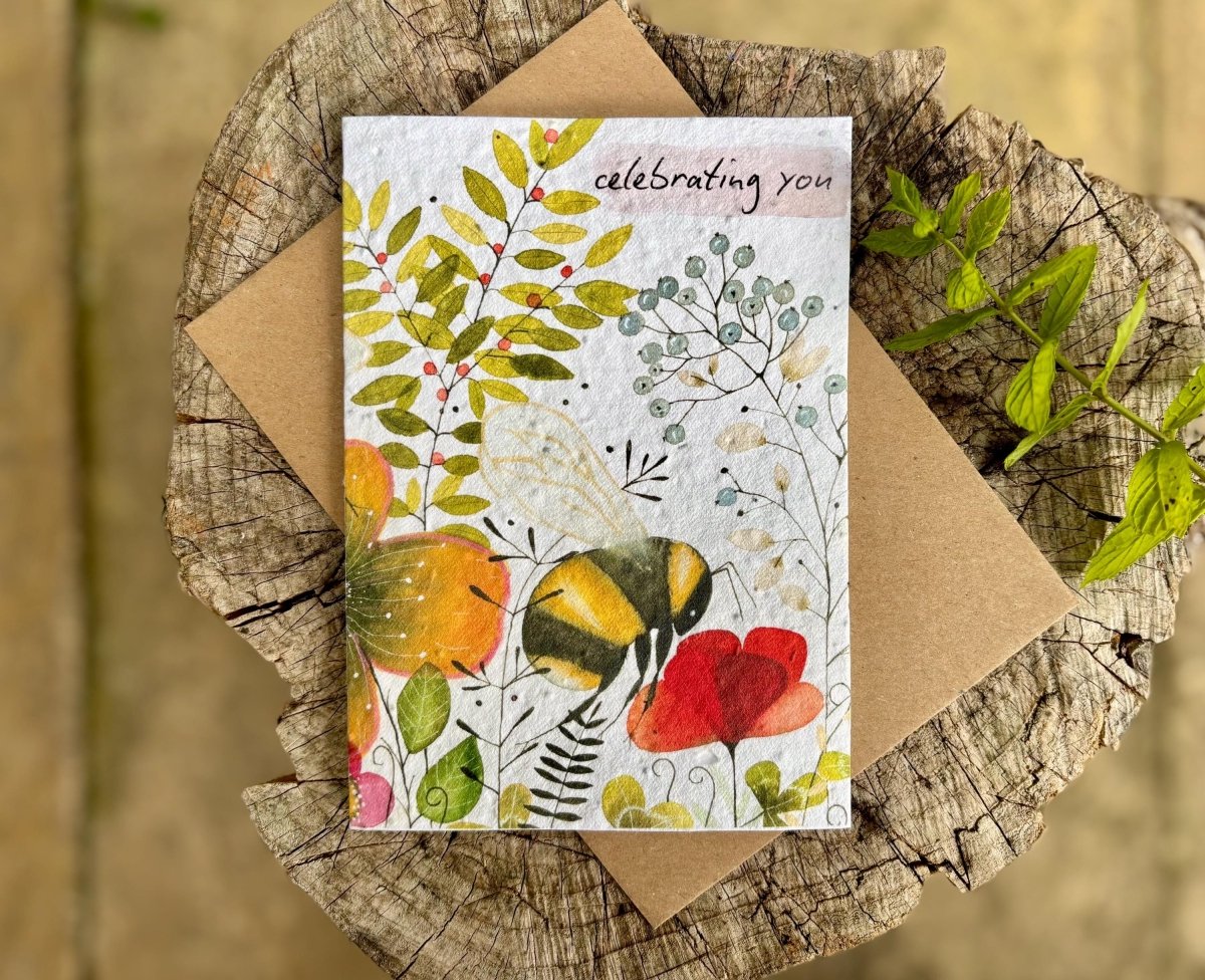 Plantable Seed Paper Birthday Card: Bumble Bee Flower Design - Erika's Whimsical Art