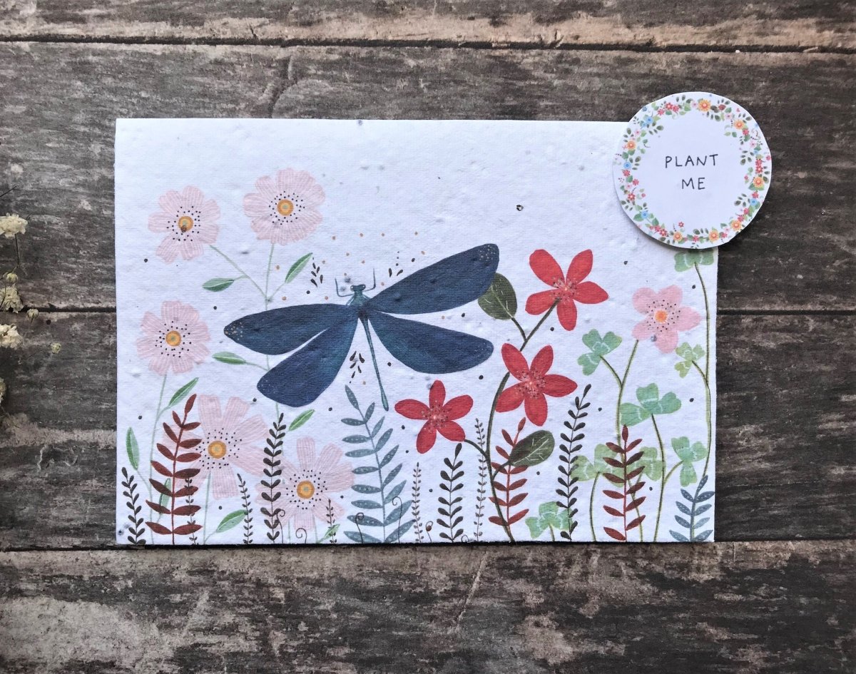 Plantable Seed Paper Birthday Card: Dragonfly & Wildflowers - Erika's Whimsical Art
