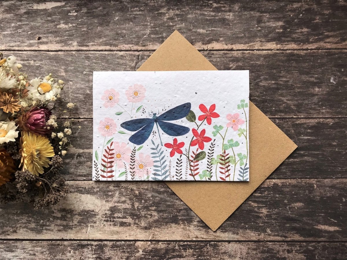Plantable Seed Paper Birthday Card: Dragonfly & Wildflowers - Erika's Whimsical Art