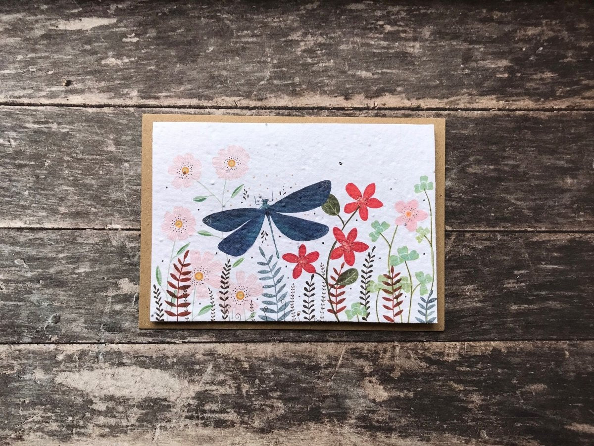 Plantable Seed Paper Birthday Card: Dragonfly & Wildflowers - Erika's Whimsical Art