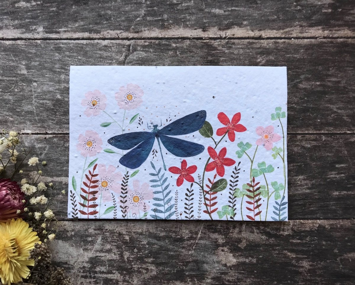 Plantable Seed Paper Birthday Card: Dragonfly & Wildflowers - Erika's Whimsical Art