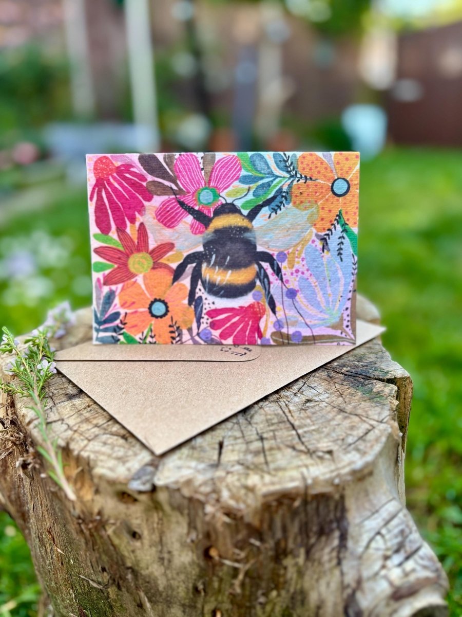 Plantable Seed Paper Birthday Card: Floral Bee Art - Erika's Whimsical Art
