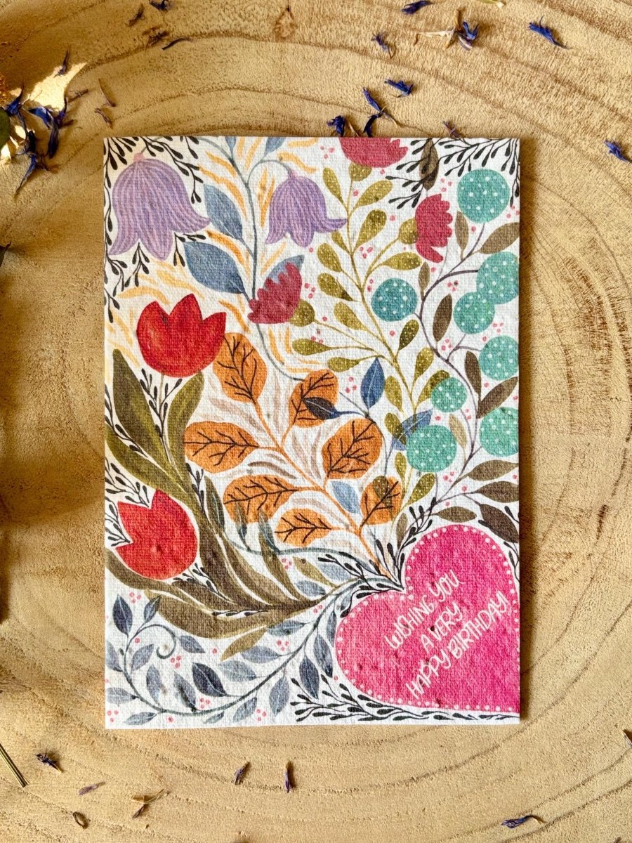 Plantable Seed Paper Birthday Card: Floral Bee Design - Erika's Whimsical Art