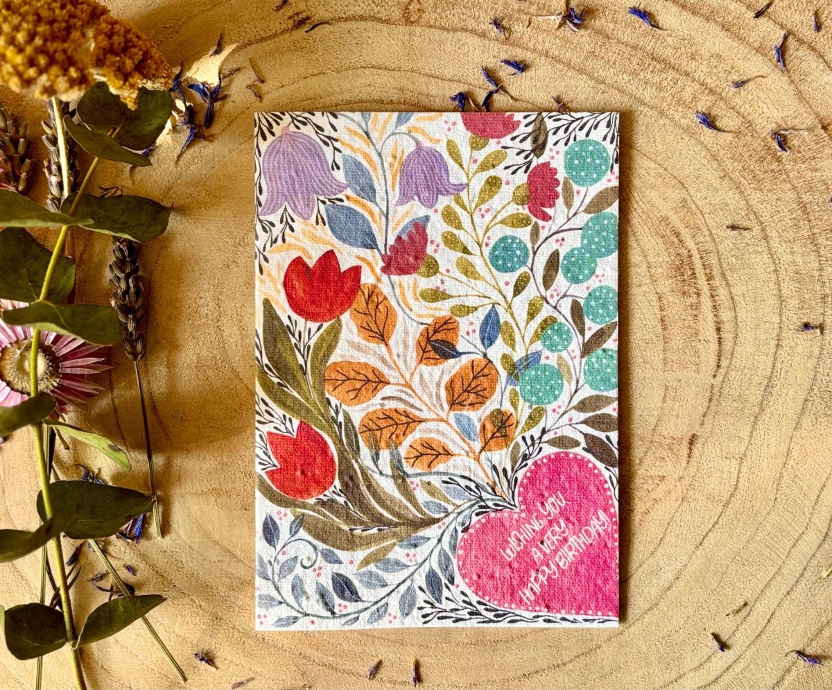 Plantable Seed Paper Birthday Card: Floral Bee Design - Erika's Whimsical Art