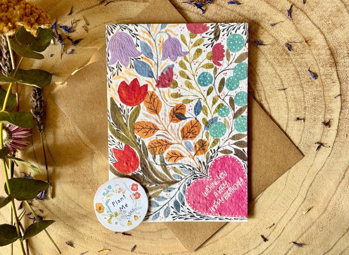 Plantable Seed Paper Birthday Card: Floral Bee Design - Erika's Whimsical Art