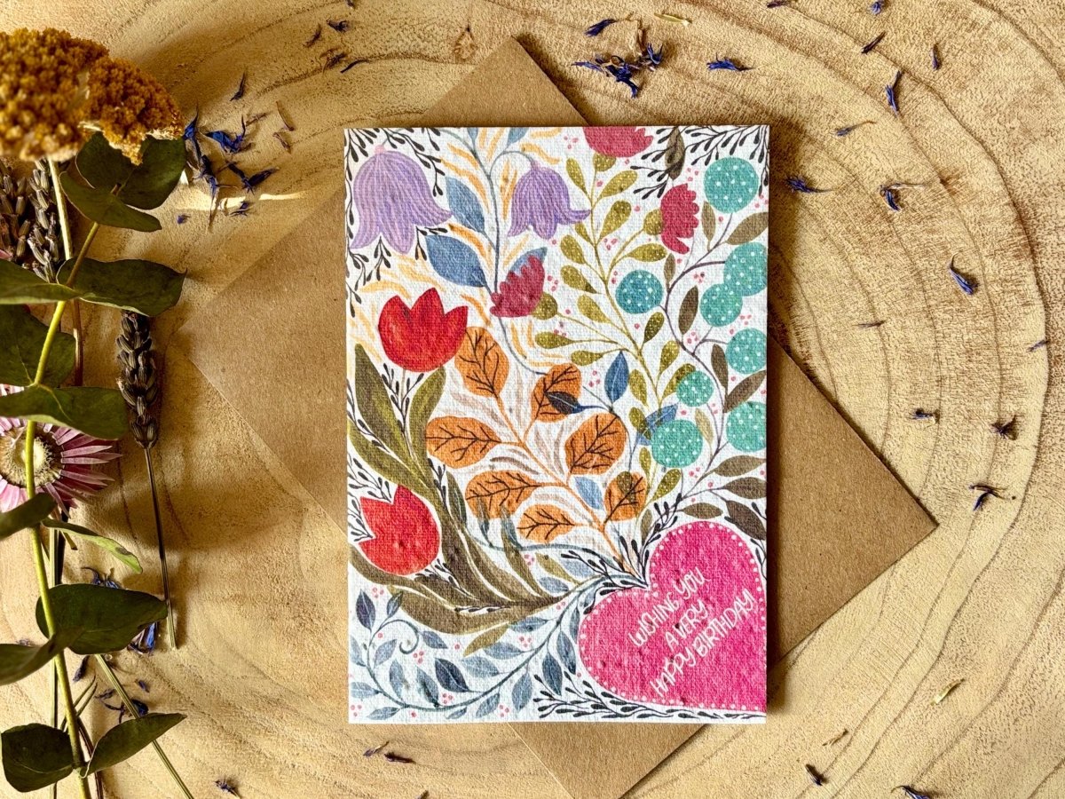 Plantable Seed Paper Birthday Card: Floral Bee Design - Erika's Whimsical Art