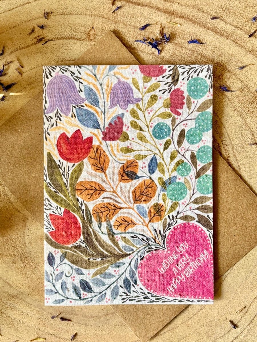 Plantable Seed Paper Birthday Card: Floral Bee Design - Erika's Whimsical Art