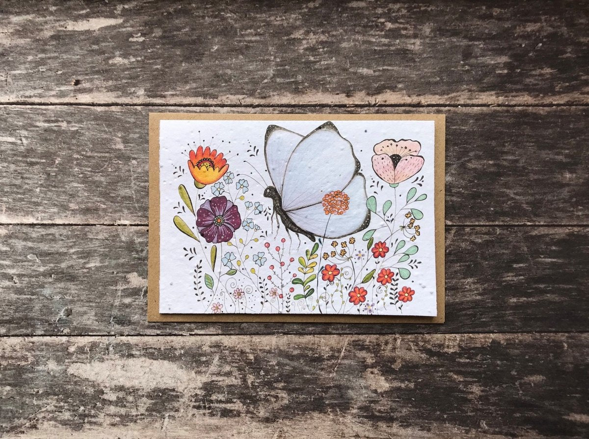 Plantable Seed Paper Birthday Card: Flower Butterfly Design - Erika's Whimsical Art