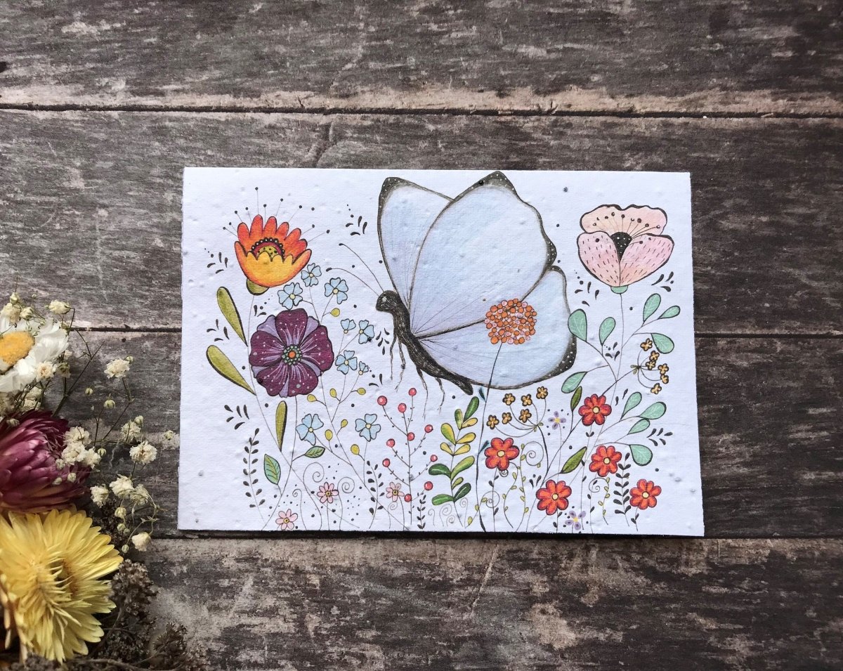 Plantable Seed Paper Birthday Card: Flower Butterfly Design - Erika's Whimsical Art