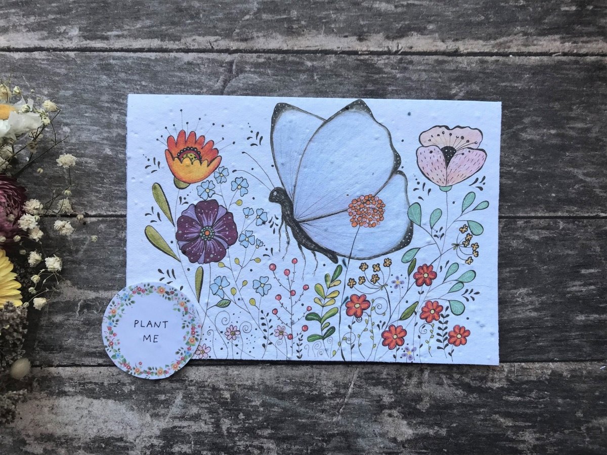 Plantable Seed Paper Birthday Card: Flower Butterfly Design - Erika's Whimsical Art