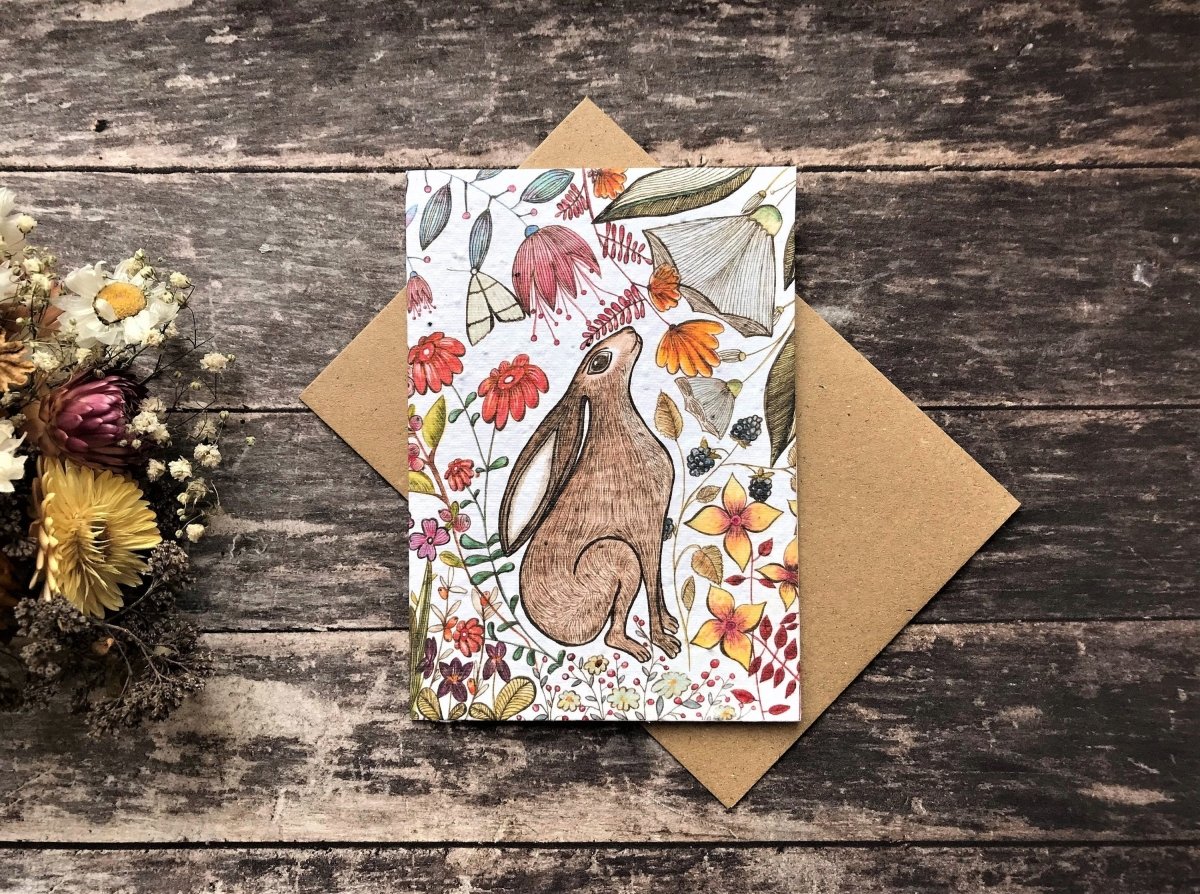 Plantable Seed Paper Birthday Card: Flower Hare Design - Erika's Whimsical Art