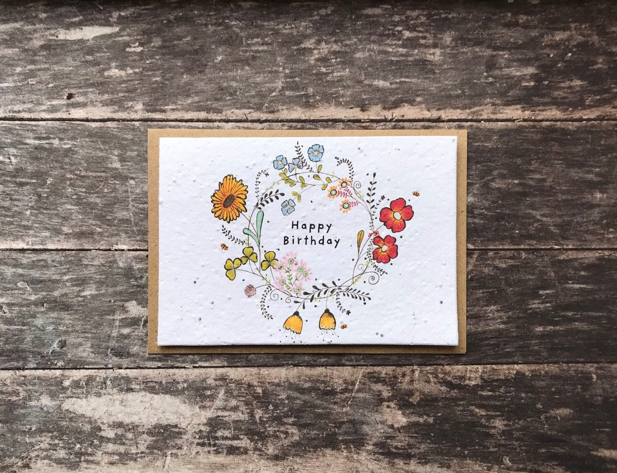 Plantable Seed Paper Birthday Card: Flower Wreath Design - Erika's Whimsical Art