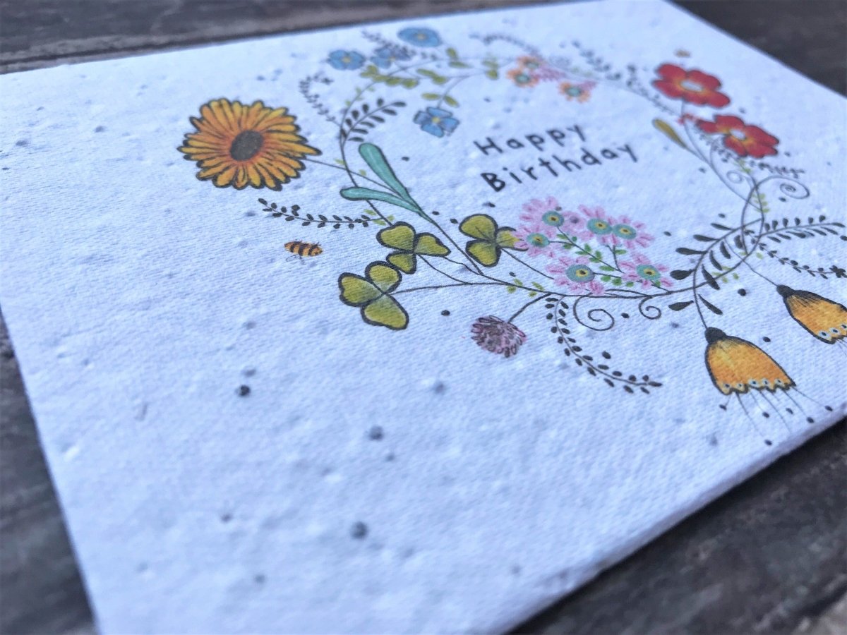 Plantable Seed Paper Birthday Card: Flower Wreath Design - Erika's Whimsical Art