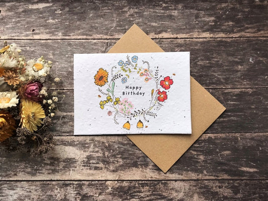 Plantable Seed Paper Birthday Card: Flower Wreath Design - Erika's Whimsical Art