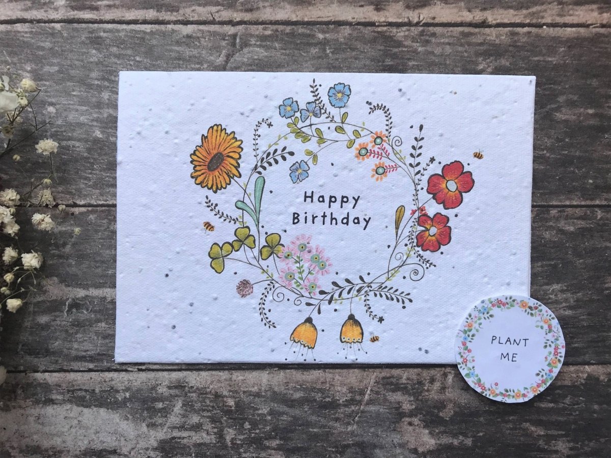 Plantable Seed Paper Birthday Card: Flower Wreath Design - Erika's Whimsical Art